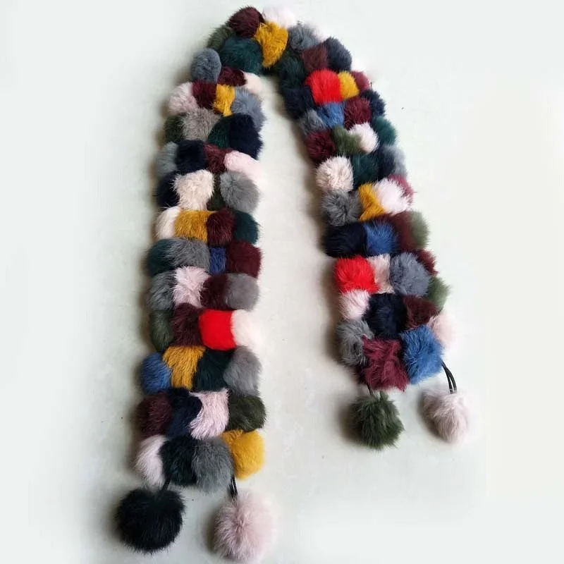 Natuurlijke konijnenbontkragen uitlaat pompom ballen sjaal 2025 winter warm echt konijnenbont sjaal voor vrouwen 100% echt bont sjaals