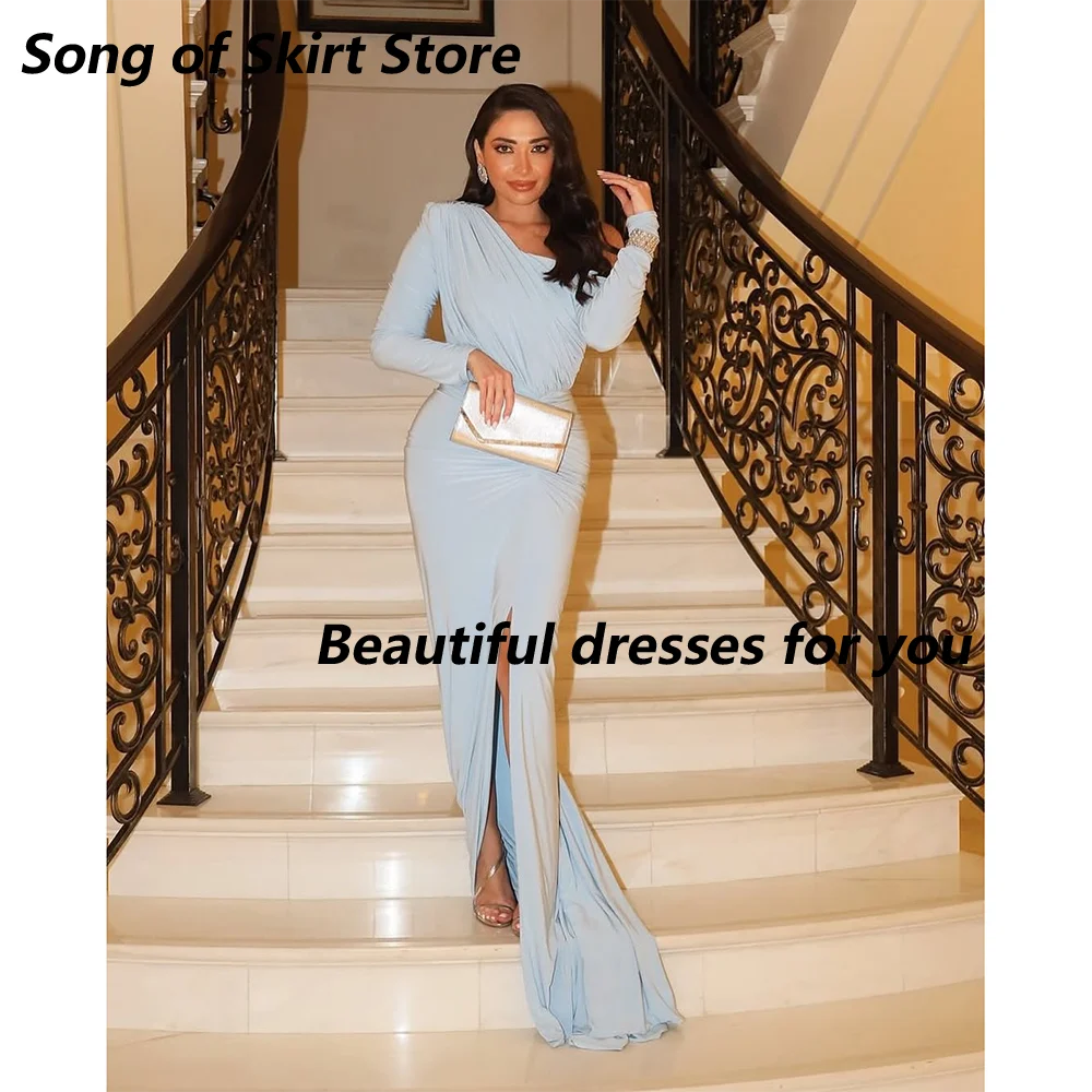 

Light Blue Evening Dresses for Women Off Shoulder Long Sleeves Pleats Mermaid Floor Length Prom Gown Arabian Formal Dresses