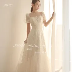 TULX Fairy A Line Tulle Luxury Lace Korea Wedding Dresses Photo Shoot Short Sleeves Floor Length Bridal Gown Corset Customized