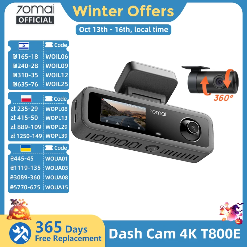 【Lokales Lager】70mai 4K T800E 3-Kanal Dashcam Vorne Hinten Innen Sprachsteuerung 24-Stunden-Parküberwachung 3-in-1 4K Auto-DVR 70mai T800E