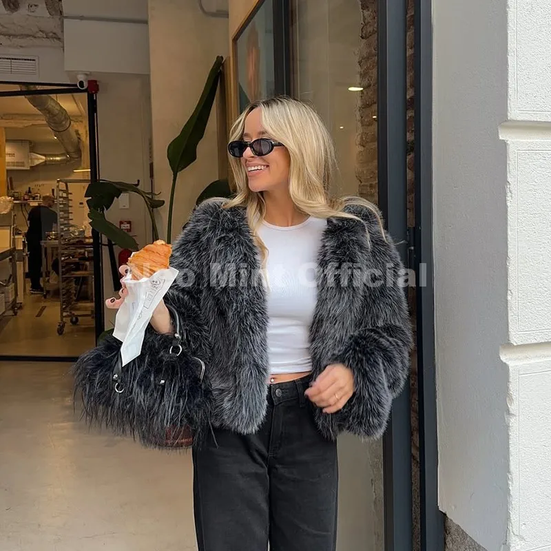 네오 민트 시크 스트리트 패션 Y2K 소녀 블랙 그라데이션 후드 인조 모피 재킷 코트 여성 2025 두꺼운 따뜻한 폭신한 여우털 오버코트