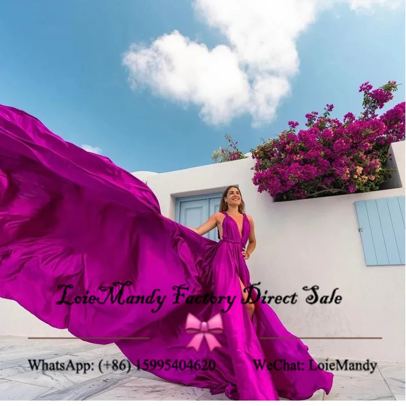 Fushsia Flying Evening Dresses para Photoshoot, Formal Backless, Long Flowy Prom Dress, Divisão lateral encantadora