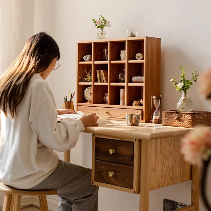 

Cherry Wood Tea Set Display Japanese Cup Shelf with Grid Design Solid Wood Curio Cabinet Multi-Compartment Organizer for Mugs