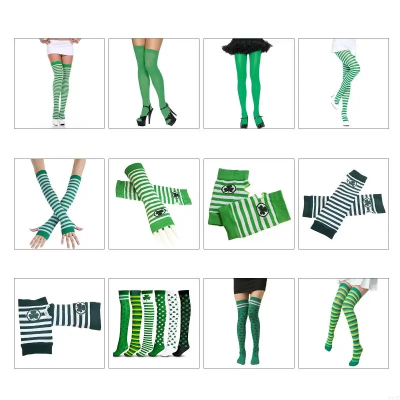 Y1AC Patricks Day Thigh High Socks Pantyhose Arm Warmers Gloves White Green Stripe Shamrock Clover Print Irish Party