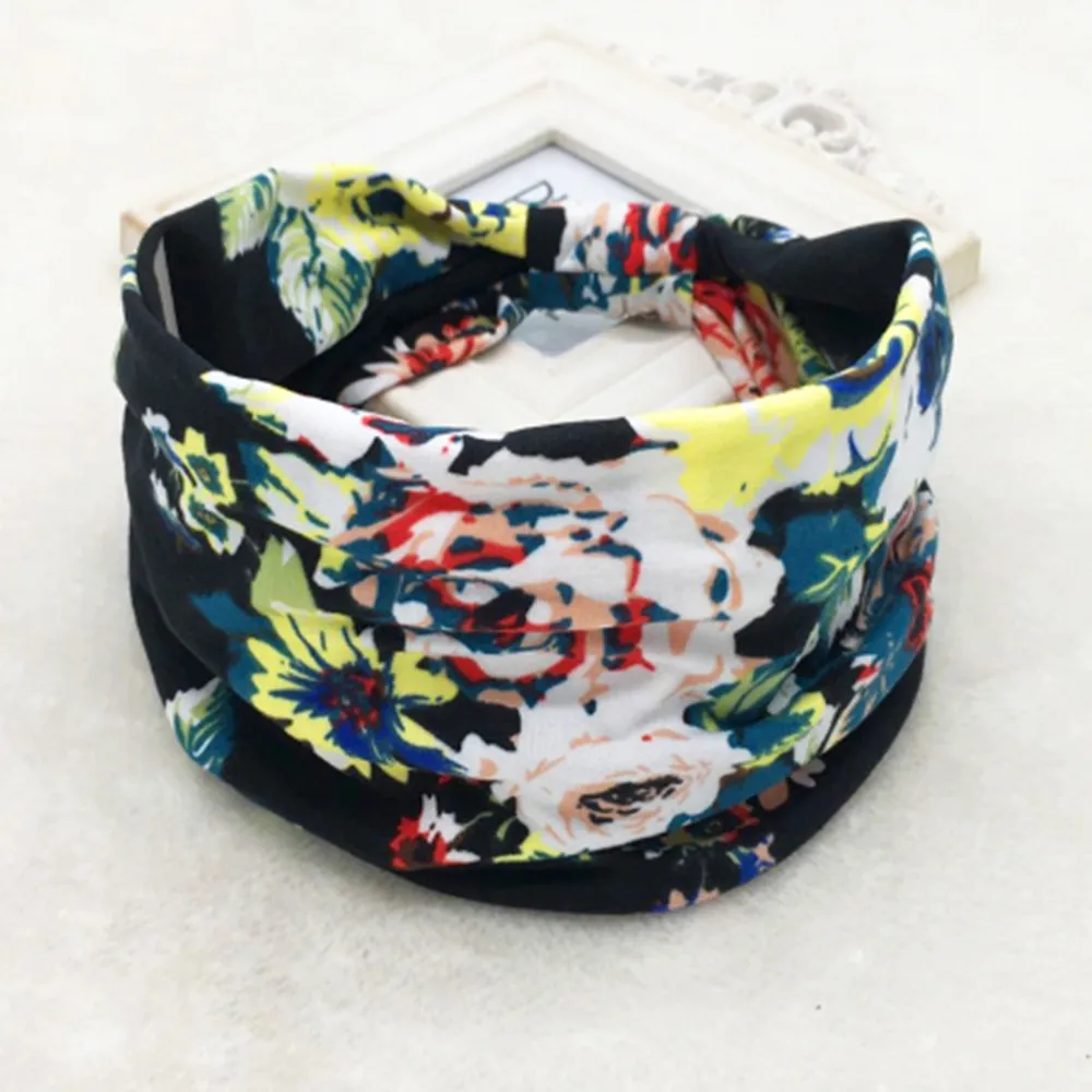 Diadema bohemia de doble capa para mujer, turbante deportivo con rayas de flores y hojas, H023