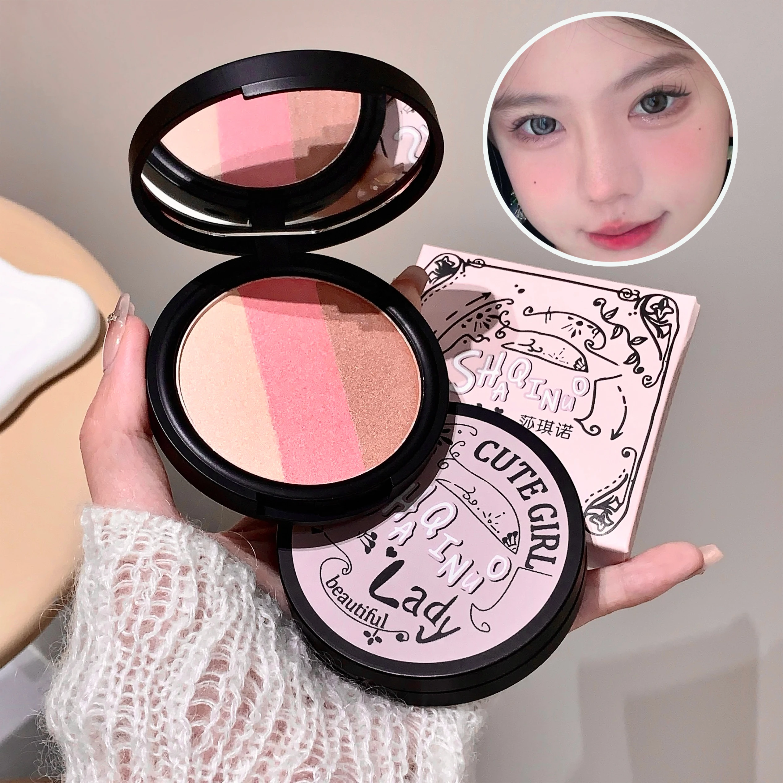 SHAQINUO Three-color Blush Matte Pearlescent Contouring and Long-lasting Powder Delicate Three-Color Rouge