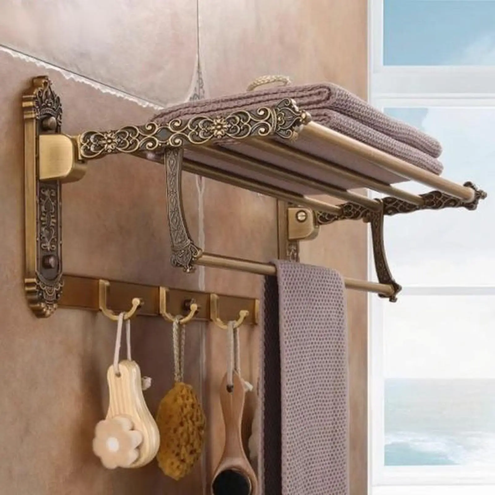 

Вешалка для полотенец, винтажный латунный набор аксессуаров для ванной комнаты, настенный монтаж, без сверления, винтажный дизайн, органайзер, многофункциональный