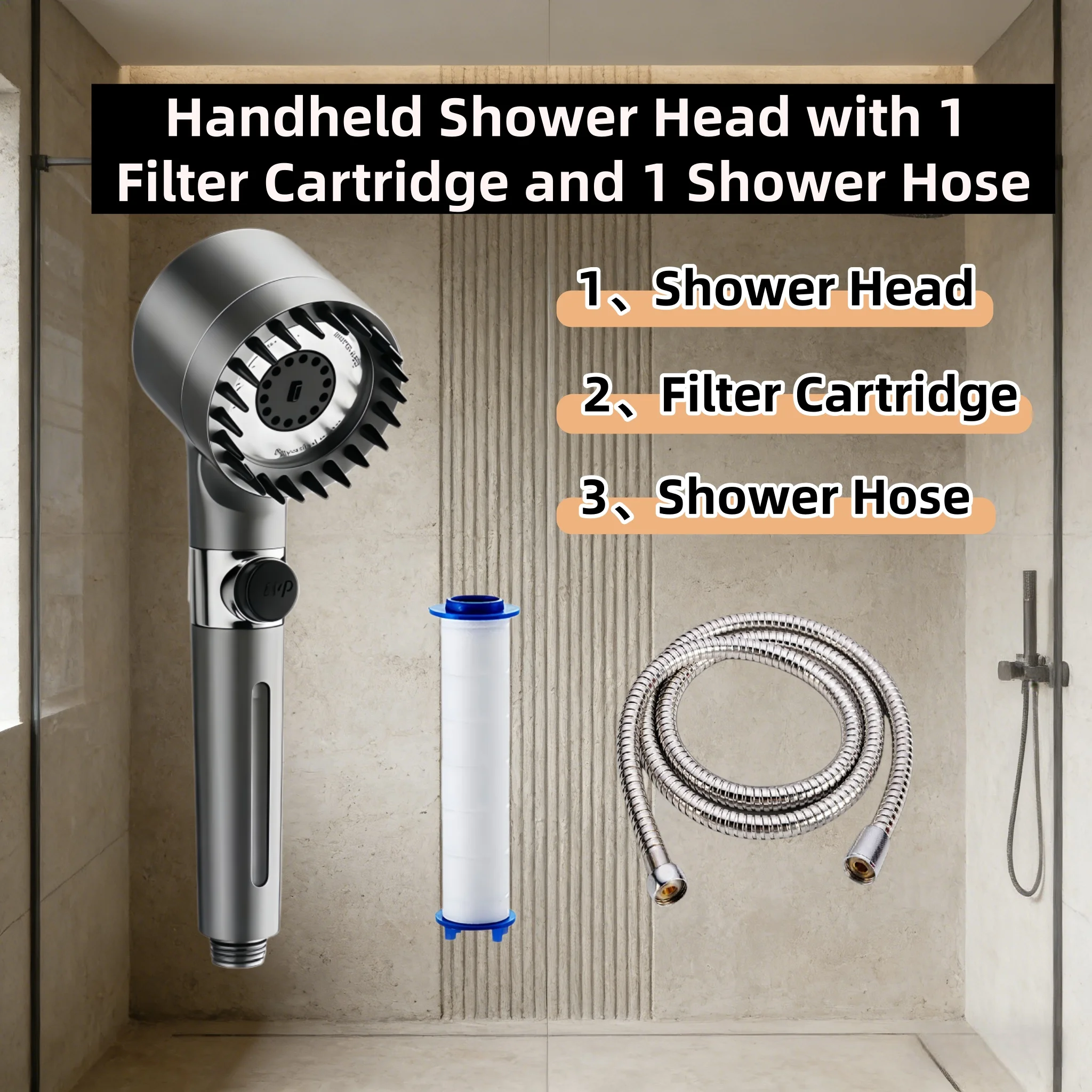 

3PCS Gray High Pressure Water Saving Shower Head Set 3 Modes Adjustable One Key Water Stop Hard Water Filter with 1 Filter 59in