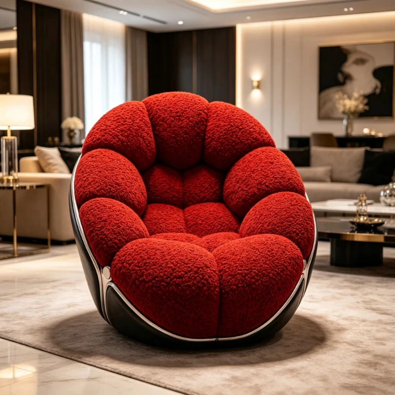 Two-color fiberglass single lounge chair, black leather frame, red plush pad