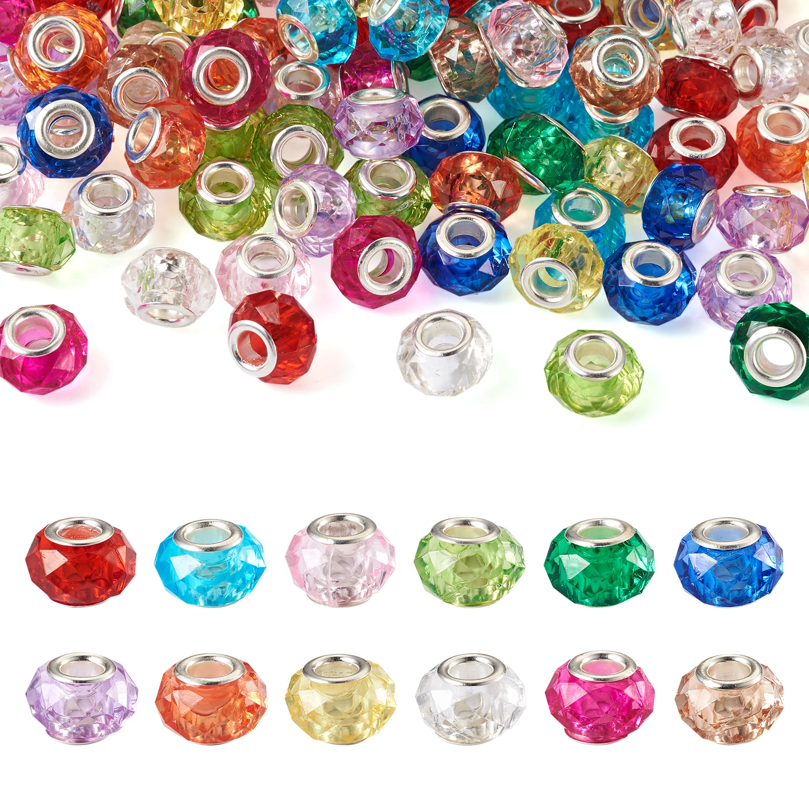 120pcs Transparent Resin European Beads Mixed Color Imitation Crystal Faceted Double Cores Large Hole Beads Bangle DIY Jewelry