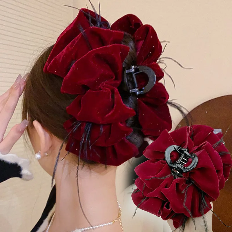 

2025 элегантный большой бархатный коготь для волос, многослойный черный, красный бант, блестящий головной убор принцессы, женский головной убор для девочек, аксессуары для волос
