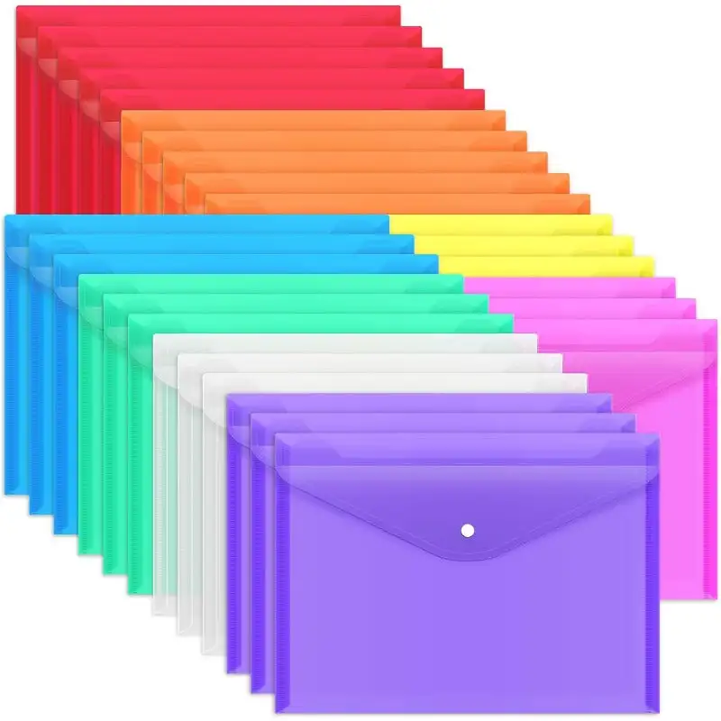 28 pack Folders for Documents, Plastic Envelopes with Snap Closure, Poly Folders, 8 Colors, A4 Letter Size