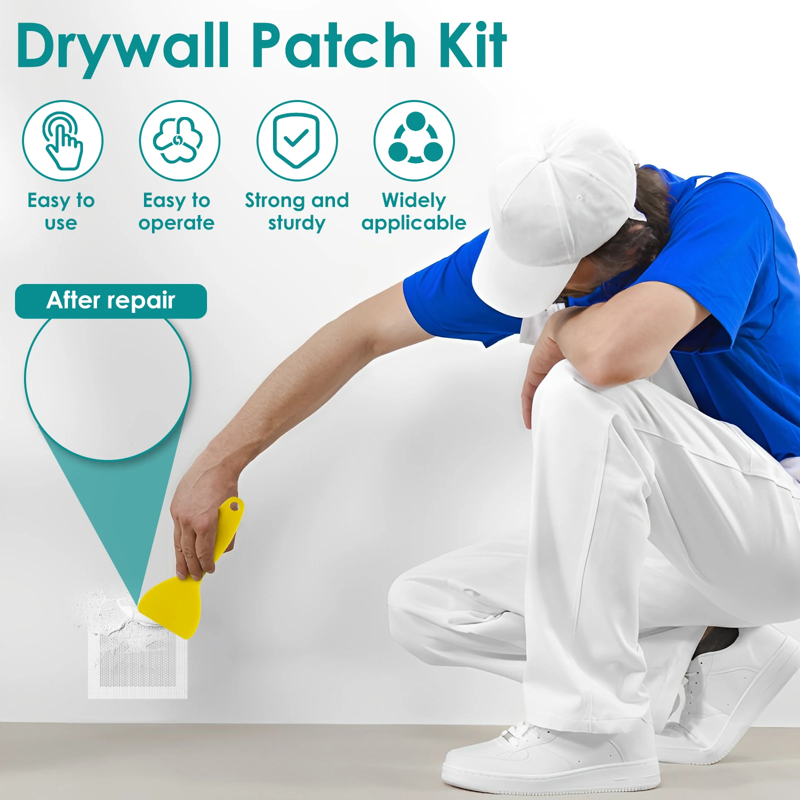 21Pcs Drywall Repair Kit Fiberglass Mesh Crack Patch Self Adhesive Wall Repair Patch with Scraper Sandpaper Repairing Wallboard