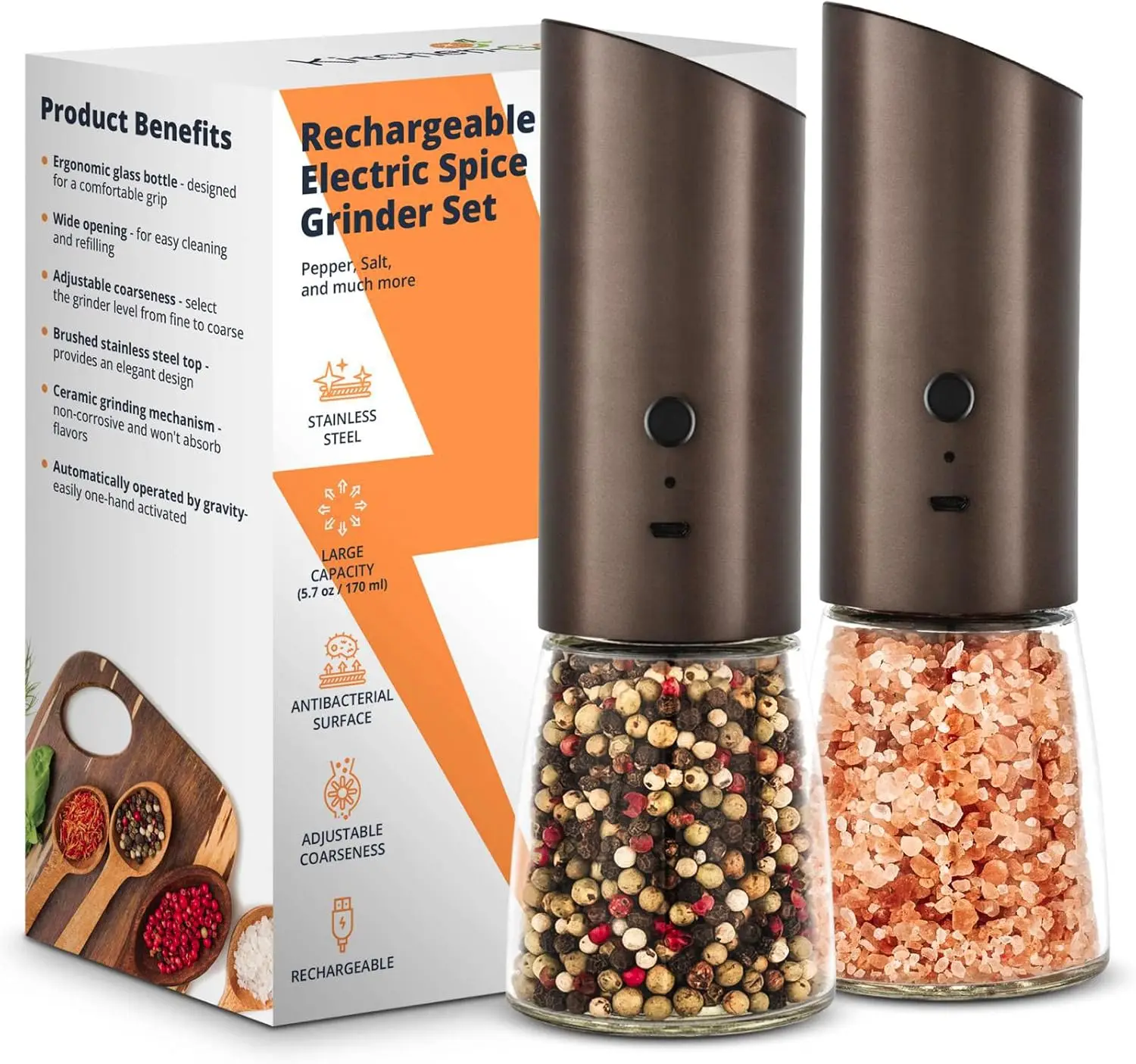 

Rechargeable Electric Salt Pepper Grinder Set, Adjustable Coarseness, Stainless Steel with Ceramic Blades