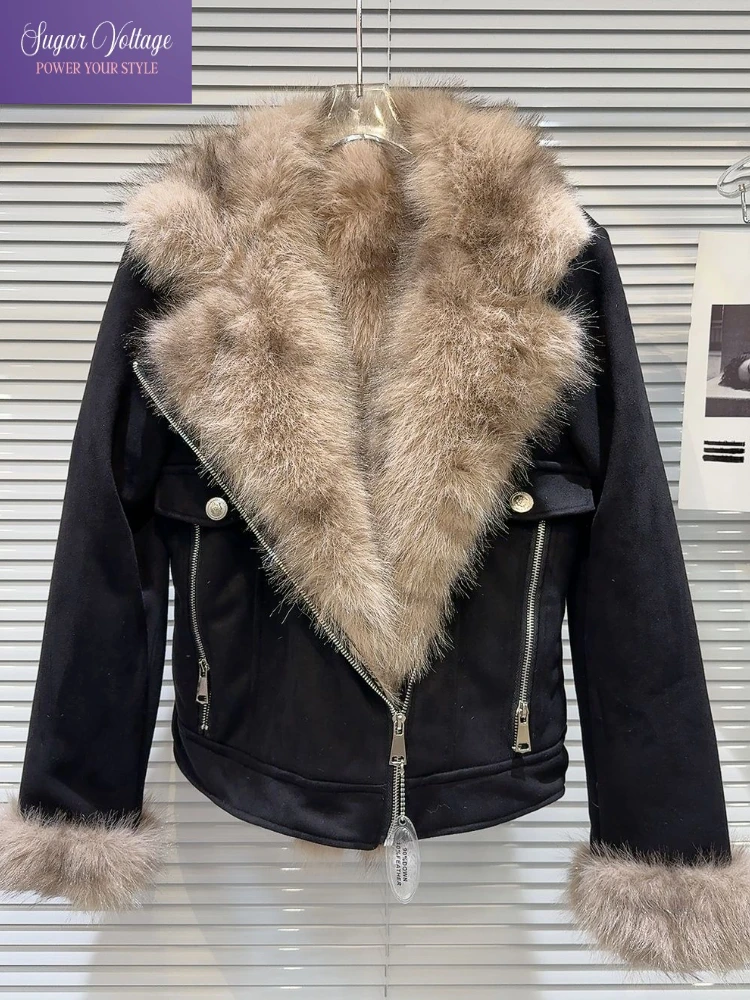 

Винтажная мотокуртка из искусственной замши, женское зимнее короткое пальто с меховым воротником, толстая теплая молния, байкерская верхняя одежда, шикарная уличная одежда в стиле ретро