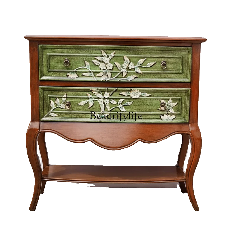 

Walnut foyer entrance cabinet Solid wood two-bucket storage decorative side cabinet