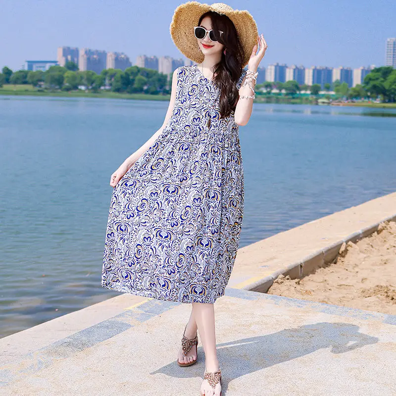 Modna sukienka na ramiączkach z motywem kwiatowym, wykonana z sztucznego jedwabiu bawełnianego, damska letnia sukienka dla mamy, luźna, duży rozmiar, spódnica o kroju litery A za kolano.