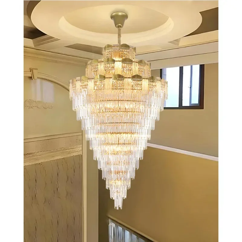 

Modern Duplex Villa Hanging openwork design Crystal Chandelier Large LED Crystal Lights Luxury Stairs Brass Ceiling Decorative