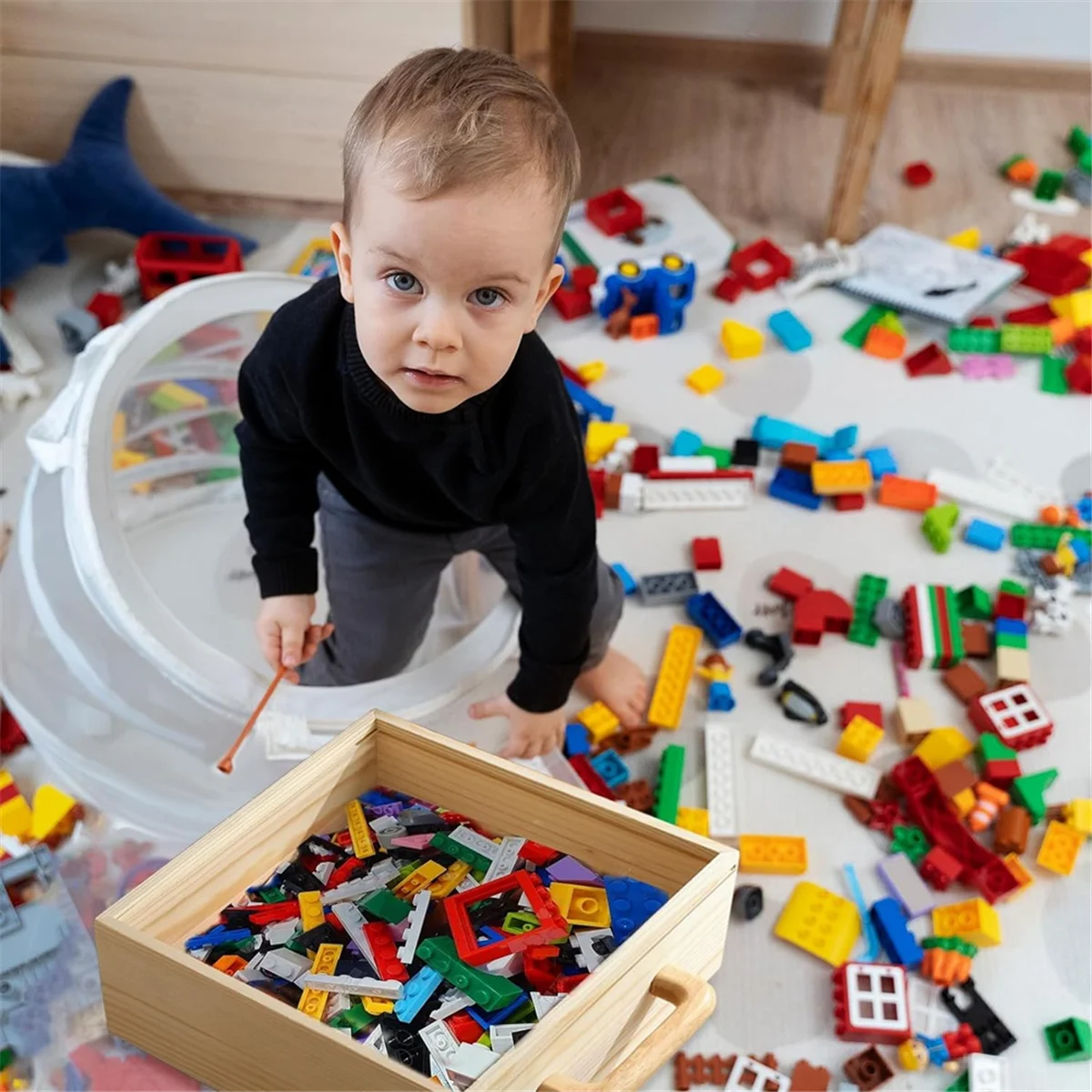 Boîte de rangement, organisateur de rangement de jouets, boîte de blocs de construction avec poignée et couvercles, coffre d'exposition de conteneurs de jouets pour enfants en bois naturel