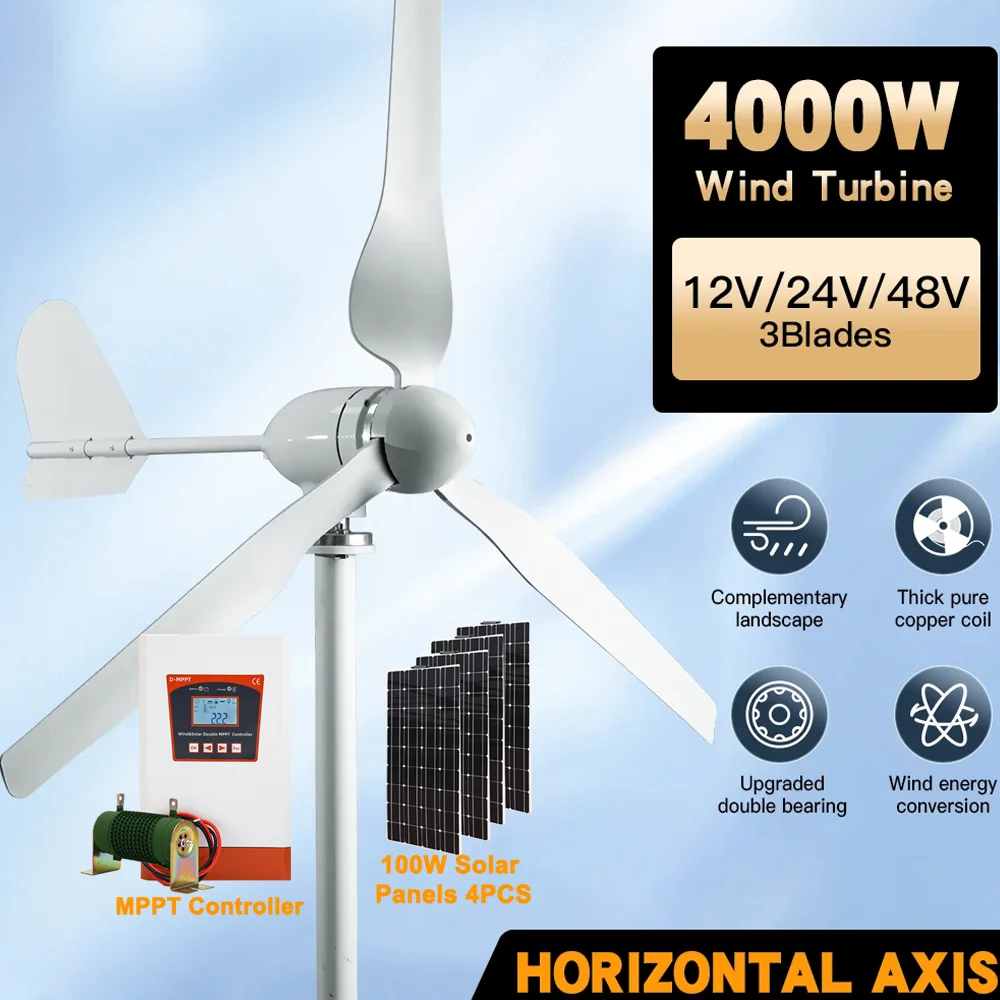 

Higher-Output】Horizontal Wind Turbine Generator 4000W Max Windmill W/ MPPT Hybrid Charge Solar Wind Off-Grid System 3 Blades