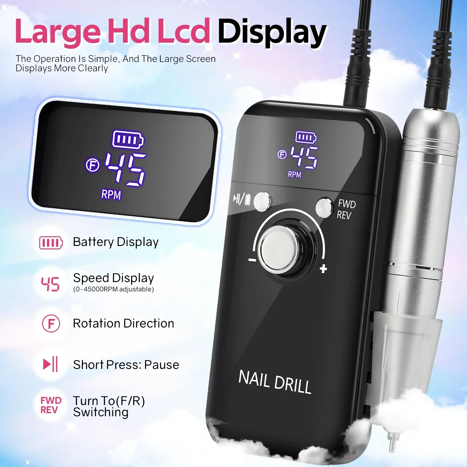 45000RPM高速電動ネイルドリル、プロフェッショナルネイルサンダー、USB電動ネイルドリル、ネイルキット、爪やすり研磨ツール