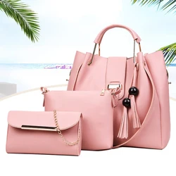 3Pcs/Set Fashion Women's Bag Simple Solid Color PU Shoulder Bag Crossbody Bags for Ladies Tassel Versatile Handbag Suit