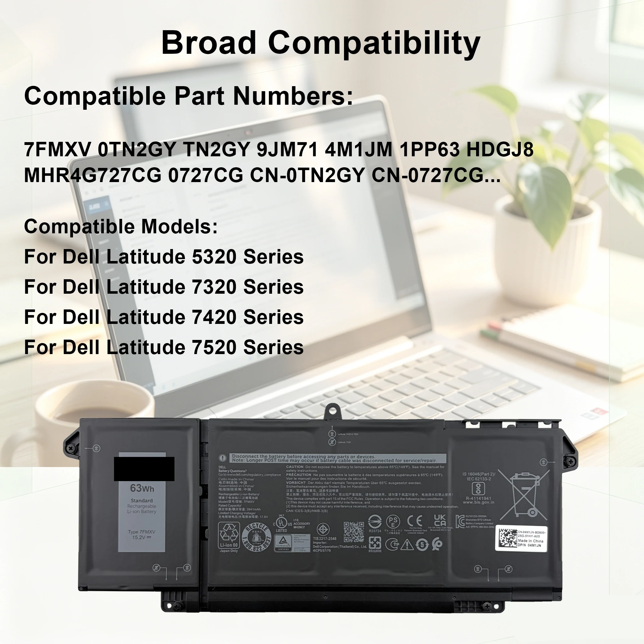 New 7FMXV Laptop Battery For Dell Latitude 5320 7320 7420 7520 2 in 1 P133G P134G P135G P136G P138G P139G P110F 9JM71 15.2V 63Wh