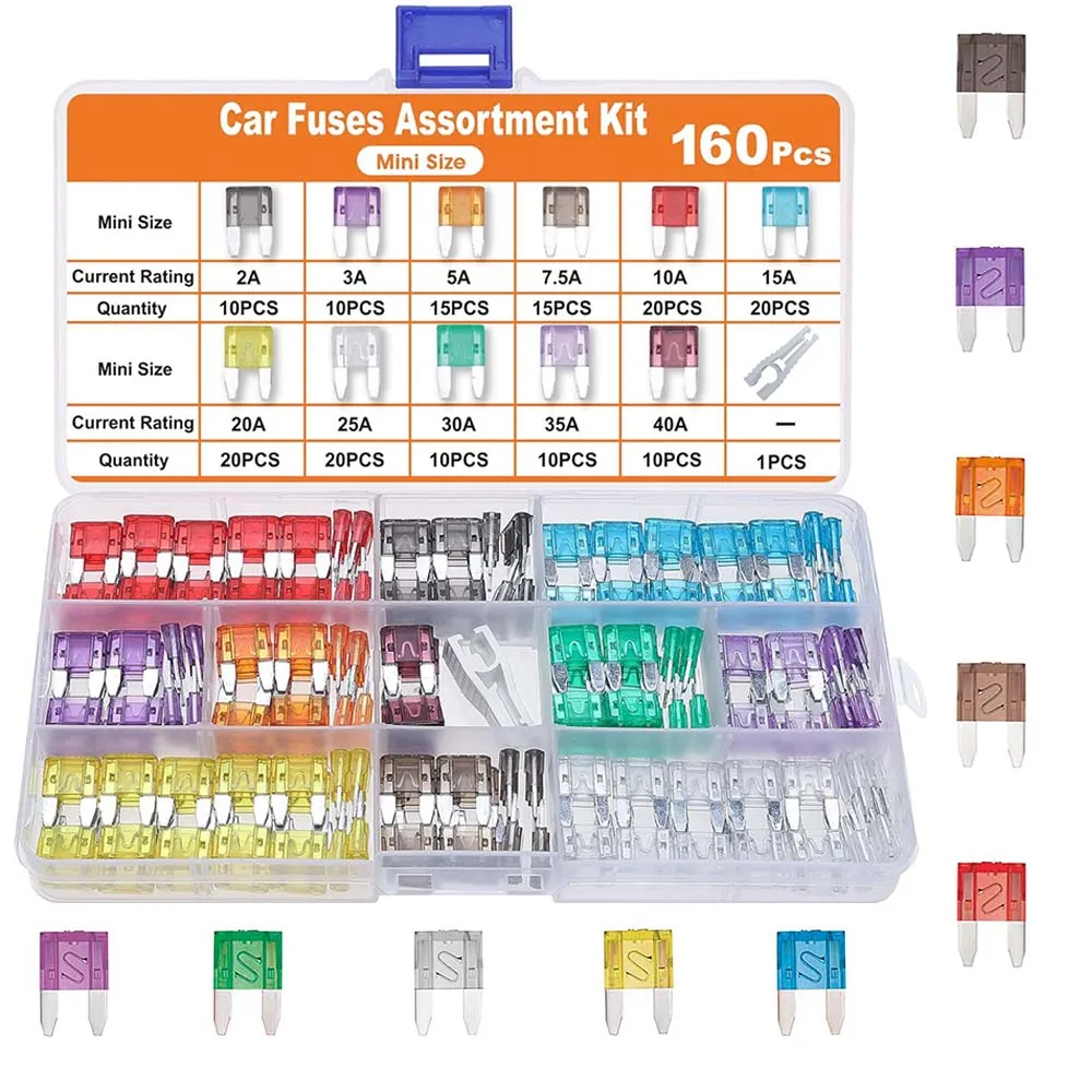 WieshammKit-Mini fusibles à lame automatique, extracteur de fusible, voiture, automobile, camion, moto, pipeline, 3A, 5A, 7,5 A, 10A, 15A, 20A, 25A, 30A, 35A, 40A, 160 pièces