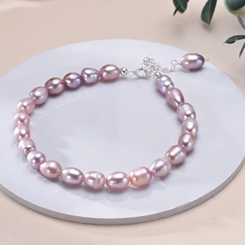 

YWYC 6-7mm Rice Shape Freshwater Pearl Bracelet Pink Purple Mix Color S925 Sterling Silver Chain Women's Hand Bracelet Jewelry