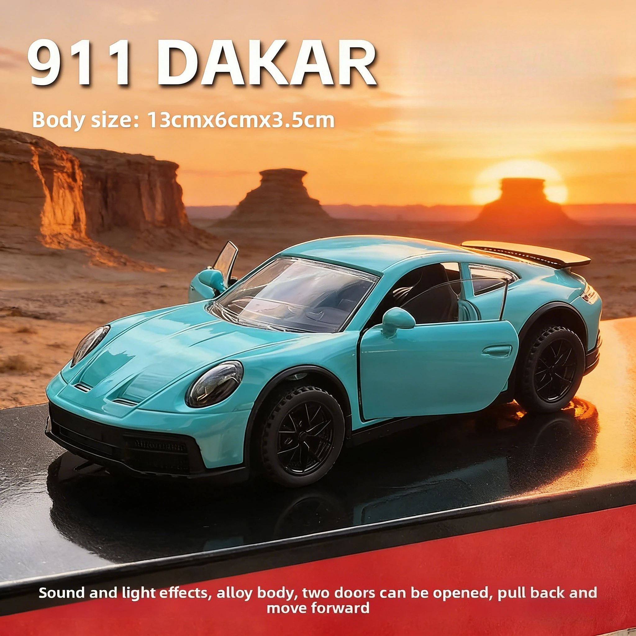 1:32 911 DaKar Alloy Sports Car Model Diecast Toy Ornament Doors Opened Sound Light Pull Back Miniature Models Toddler Kids Gift