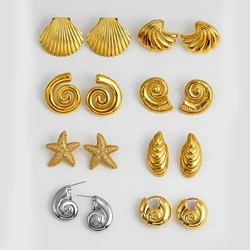Vintage Gold Color Snail Conch Shell Stud Earrings for Women Stainless Steel CZ Zircon Starfish Earring Beach Jewelry Gifts