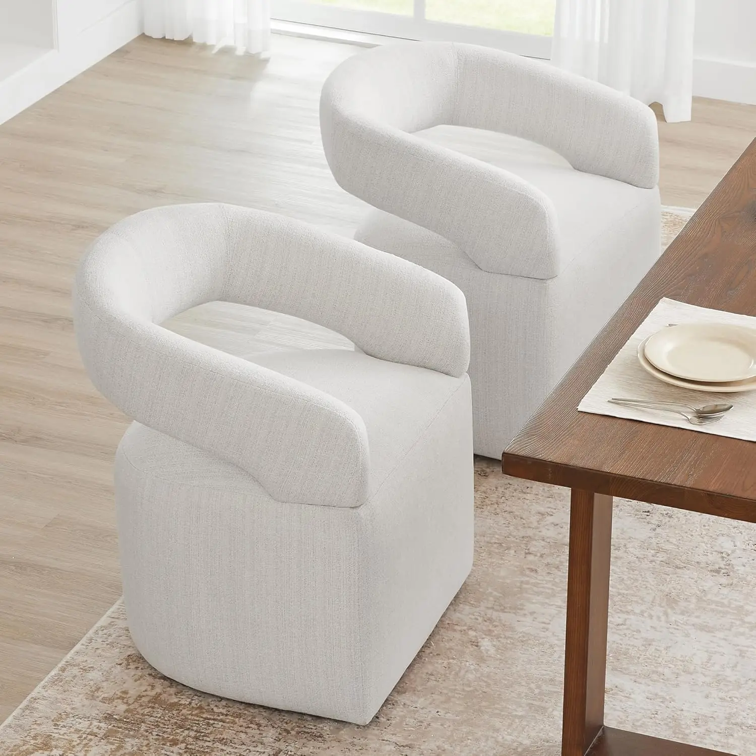 Upholstered Dining Chairs With Casters Modern Barrel Side Armchair With Rollers For Diningroom Bedroom Livingroom Reading