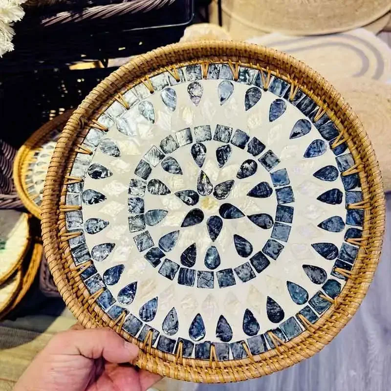 

Hand Woven Mosaic Tray Decorative Round Rattan Serving With Mother Of Pearl Inlay For Snacks Dried Fruit Plate Home Ornamen 179