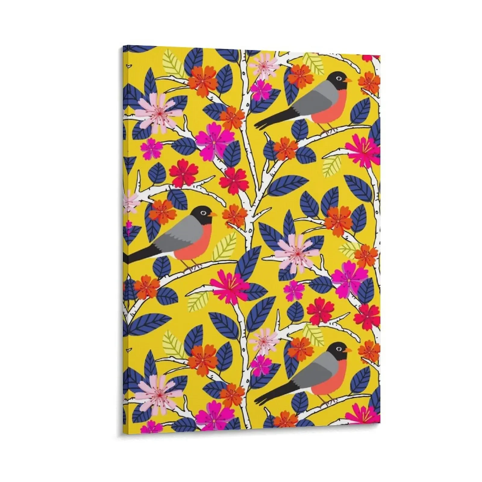 

Robins on floral birch trees in yellow, pink, blue, and orange Canvas Painting poster mural anime poster posters for room