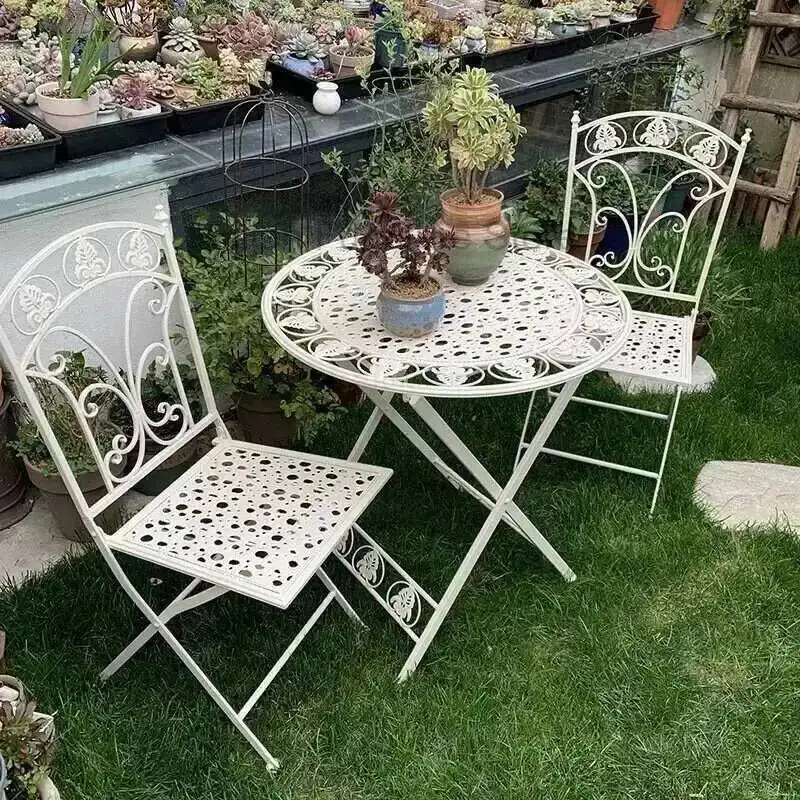 

Iron Folding Outdoor Table Garden Furniture Sets and Chair Nordic patio furniture Balcony Lounge Table and Chair Three-piece Set