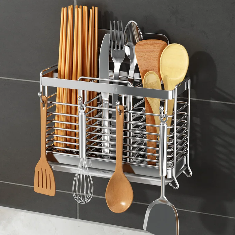 

Wall Mounted Household Chopsticks Spoon Fork Cutlery Box 304 Stainless Steel Chopstick Drainer Storage Accessories Items Holder