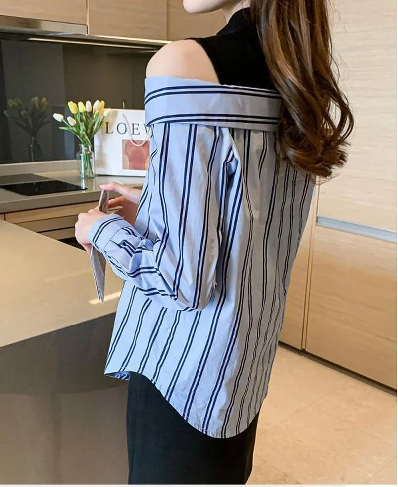 Fake Two Pieces Chiffon Silk Blouse for Women Off Shoulder Top Cool Blue Stripe Cotton Satin Shirt Woman Particular Trends Youth