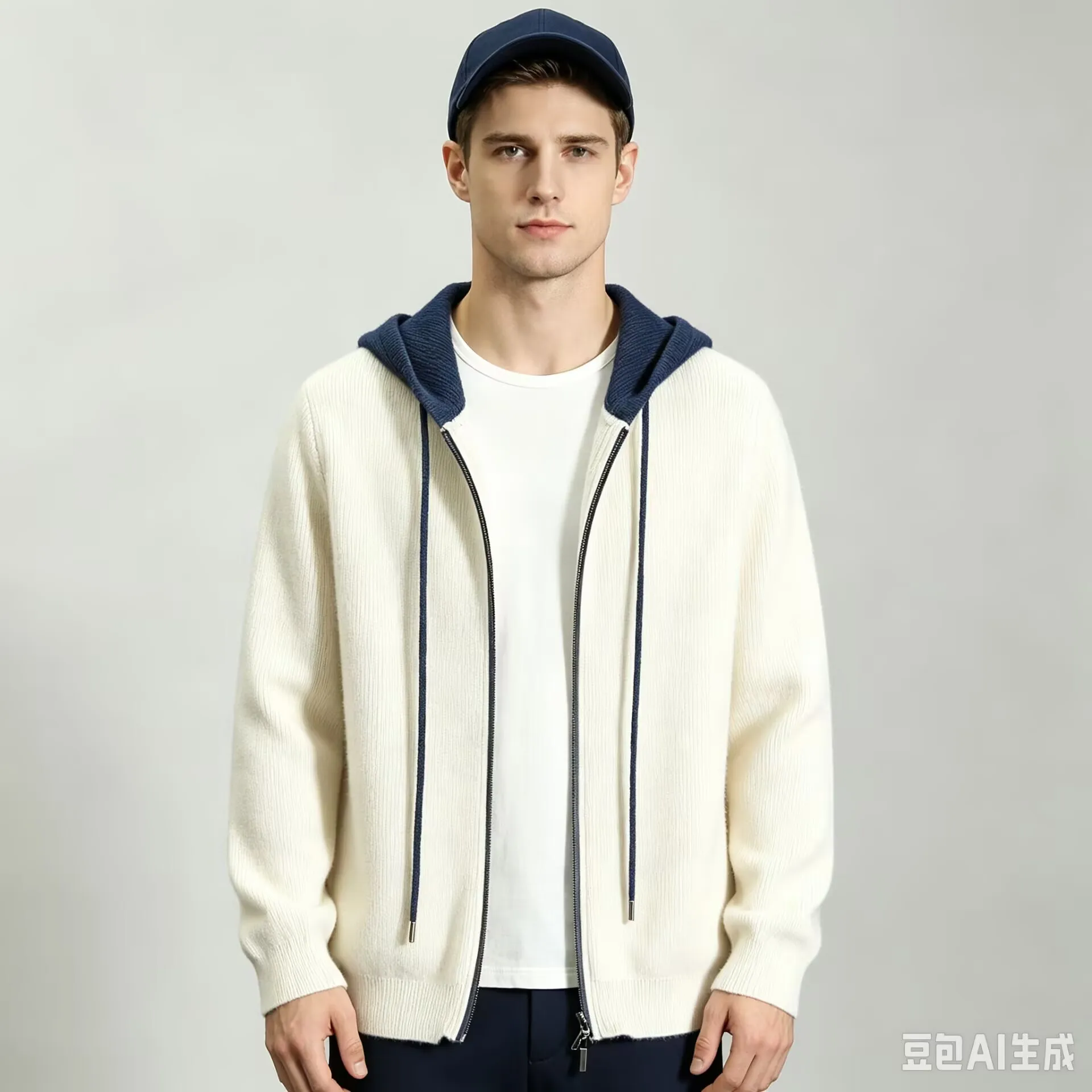 Men's Cashmere Hooded Sweatshirt With Zipper And Drawstring, Color Blocked Knitted Cardigan, Autumn Winter Outdoor Casual Jacket