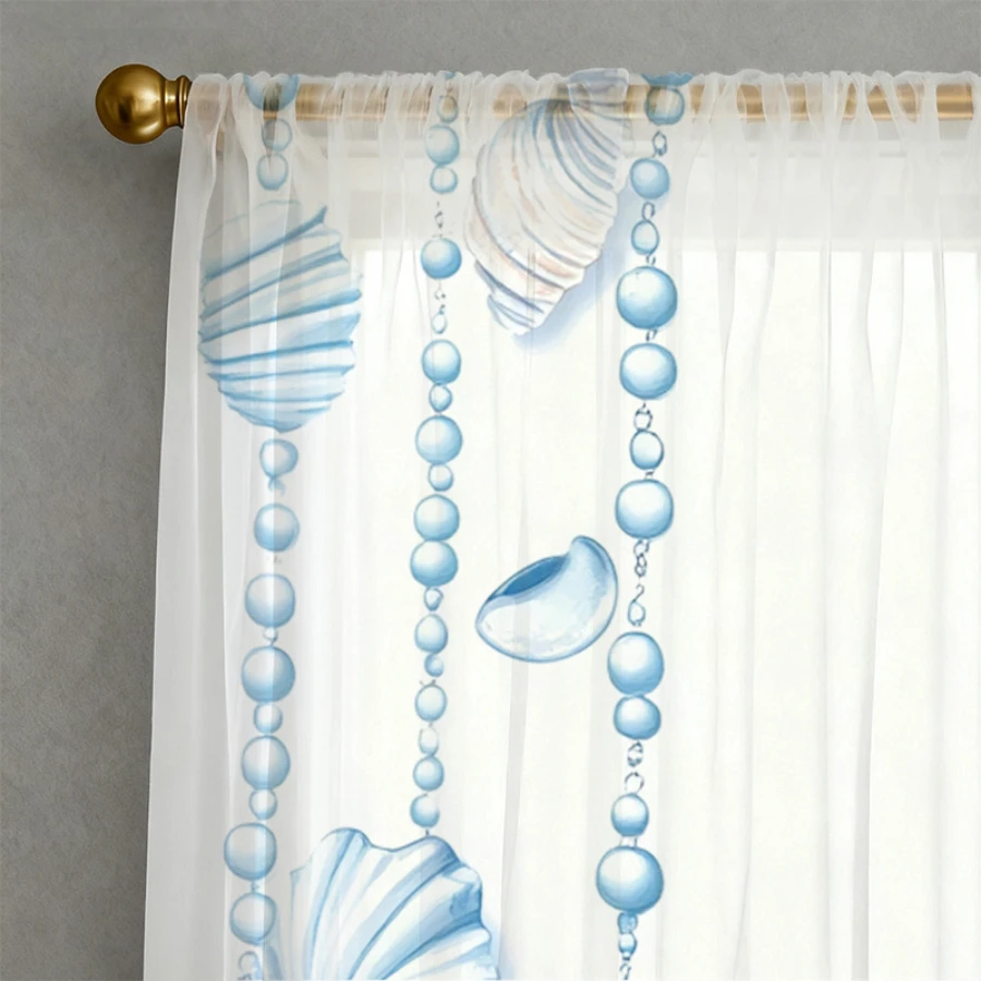2PCS Digital Print Sheer Curtain, Bead Chain Starfish, Vintage Floral Window Curtains for Living Room Bedroom Home Decor