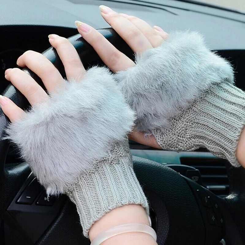 Winter Women Gloves Faux Rabbit Fur Arm Warmer Gloves Knitting Wool Mittens Fingerless Gloves Arm Wrist Sleeves Female Gift