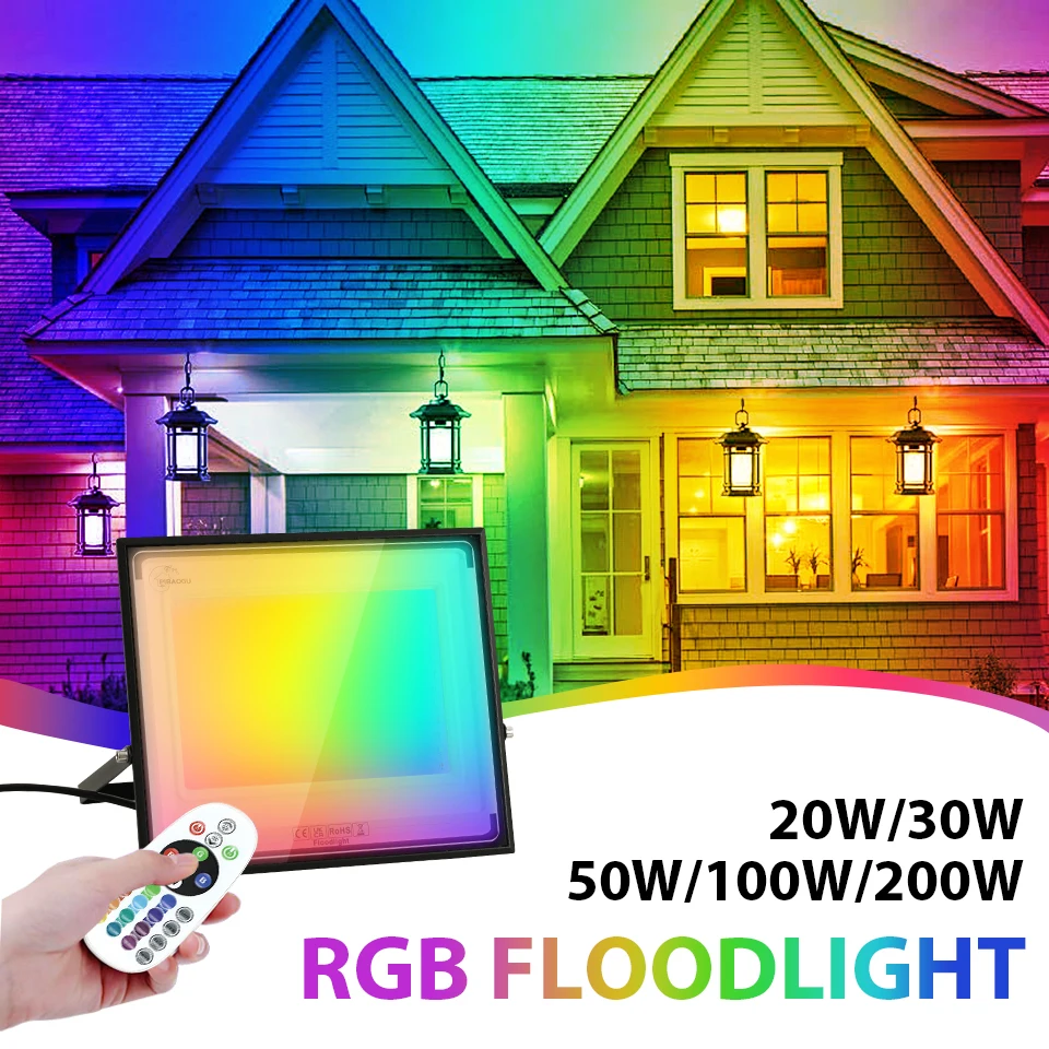 Proiettore LED RGB con telecomando AC175-265V 20/30/50/100/200W Luminosità colorata Colore regolabile per patio per feste all'aperto
