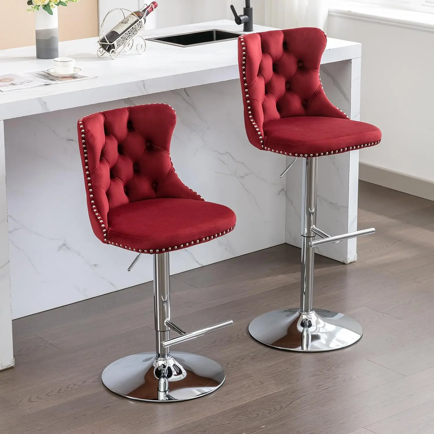 Velvet Swivel Bar Stools Set of 6, Adjustable Counter Height Tufted Back Metal Base Kitchen Dining Chairs, Customized