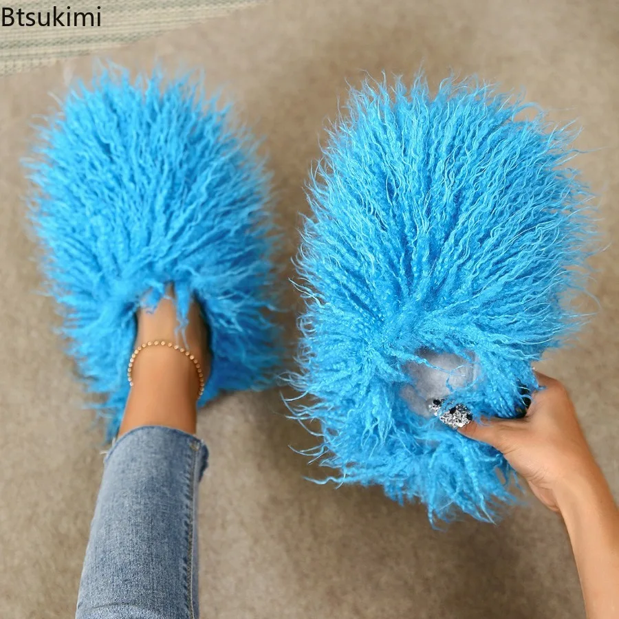 New 2026 Autumn and Winter Women's Fur Casual Slippers Woman Luxury Furry Faux Fur Slippers Plush Warm Home Cotton Fur Slides