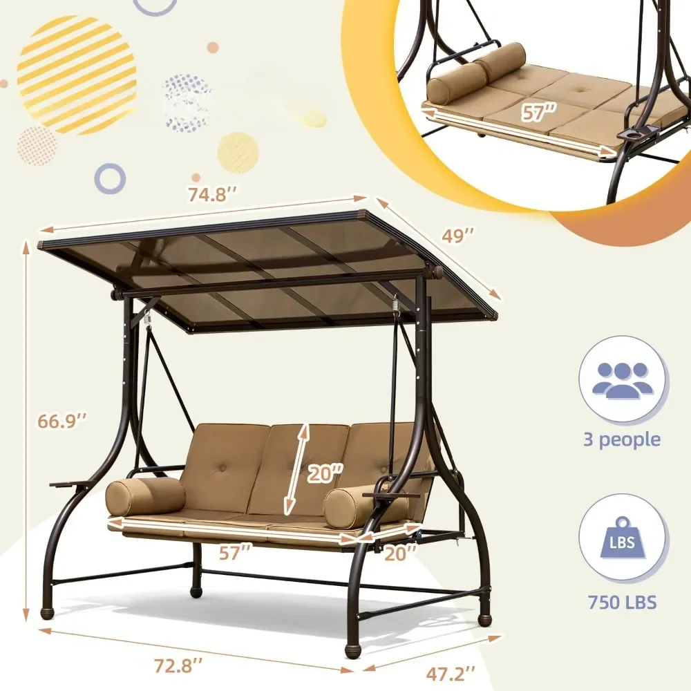 Outdoor Porch Swing 3 Person with Hardtop, 2 Side Cup Holder, Convertible Backrest, Cushion, 2 Pillows, Outdoor Swing