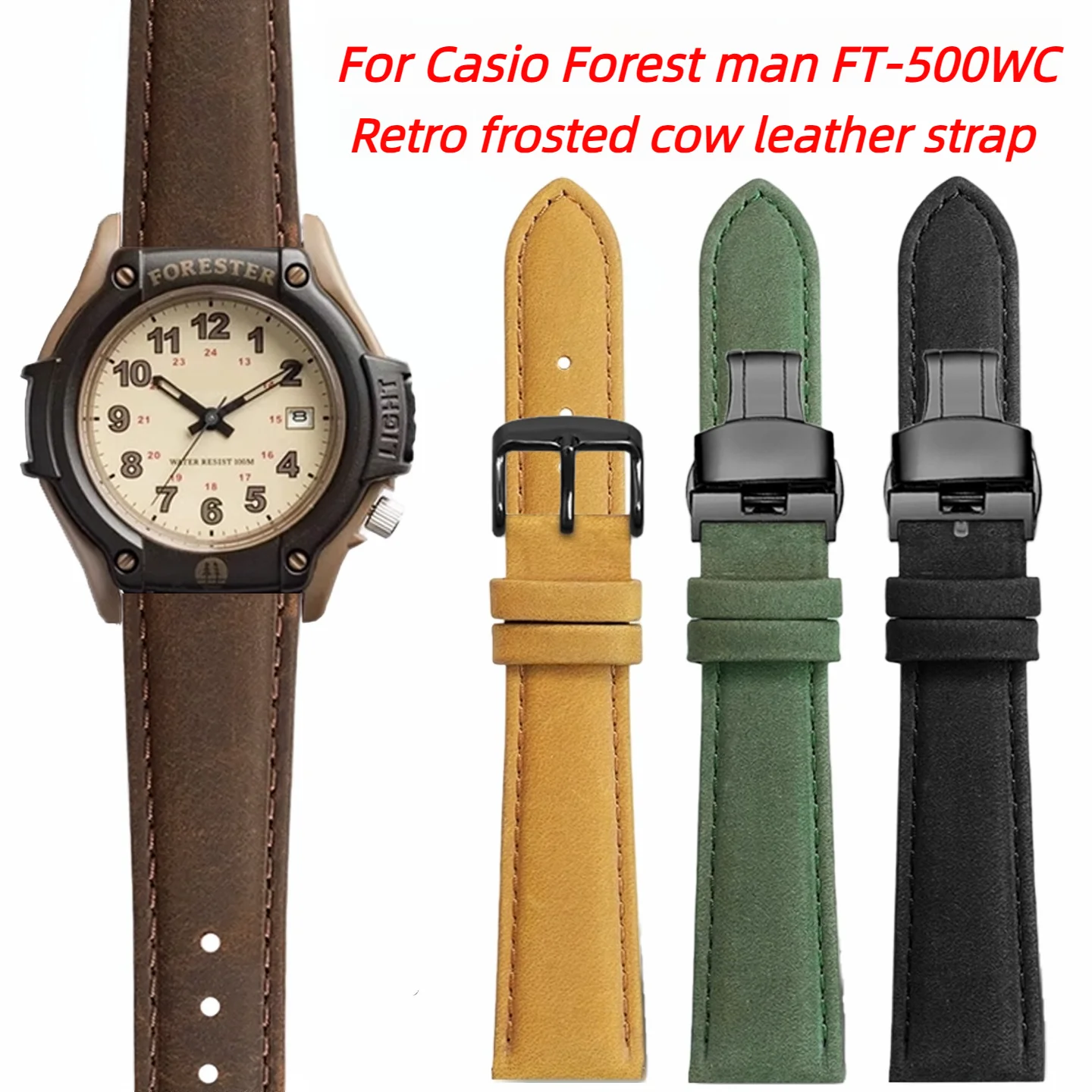 19mm para Casio Forester 5405 correa de reloj clásico Retro FT-500WC -3B/5B pulsera de cuero genuino Vintage correa de reloj de cuero de vaca para hombres