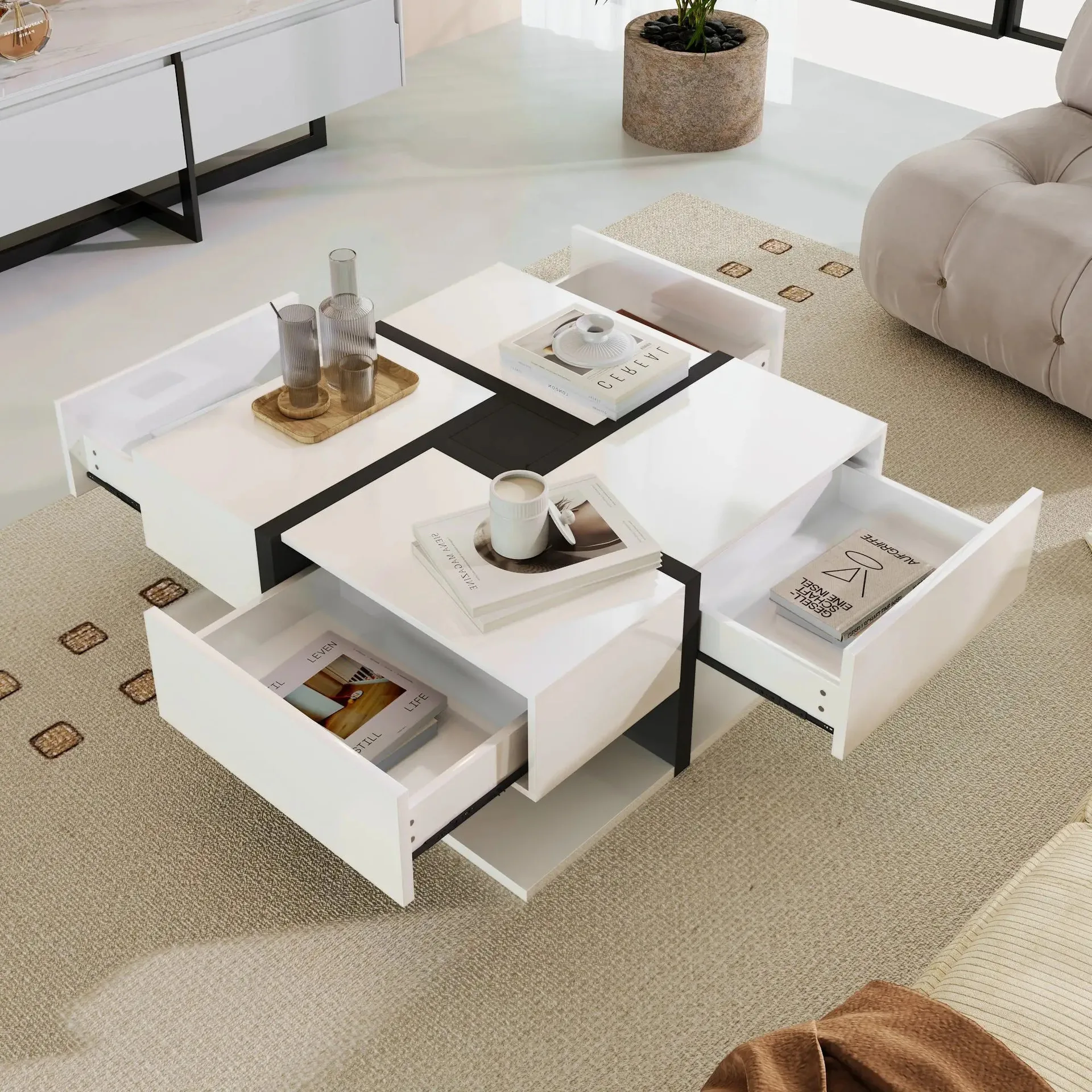 Wooden glossy square coffee table with 4 drawers