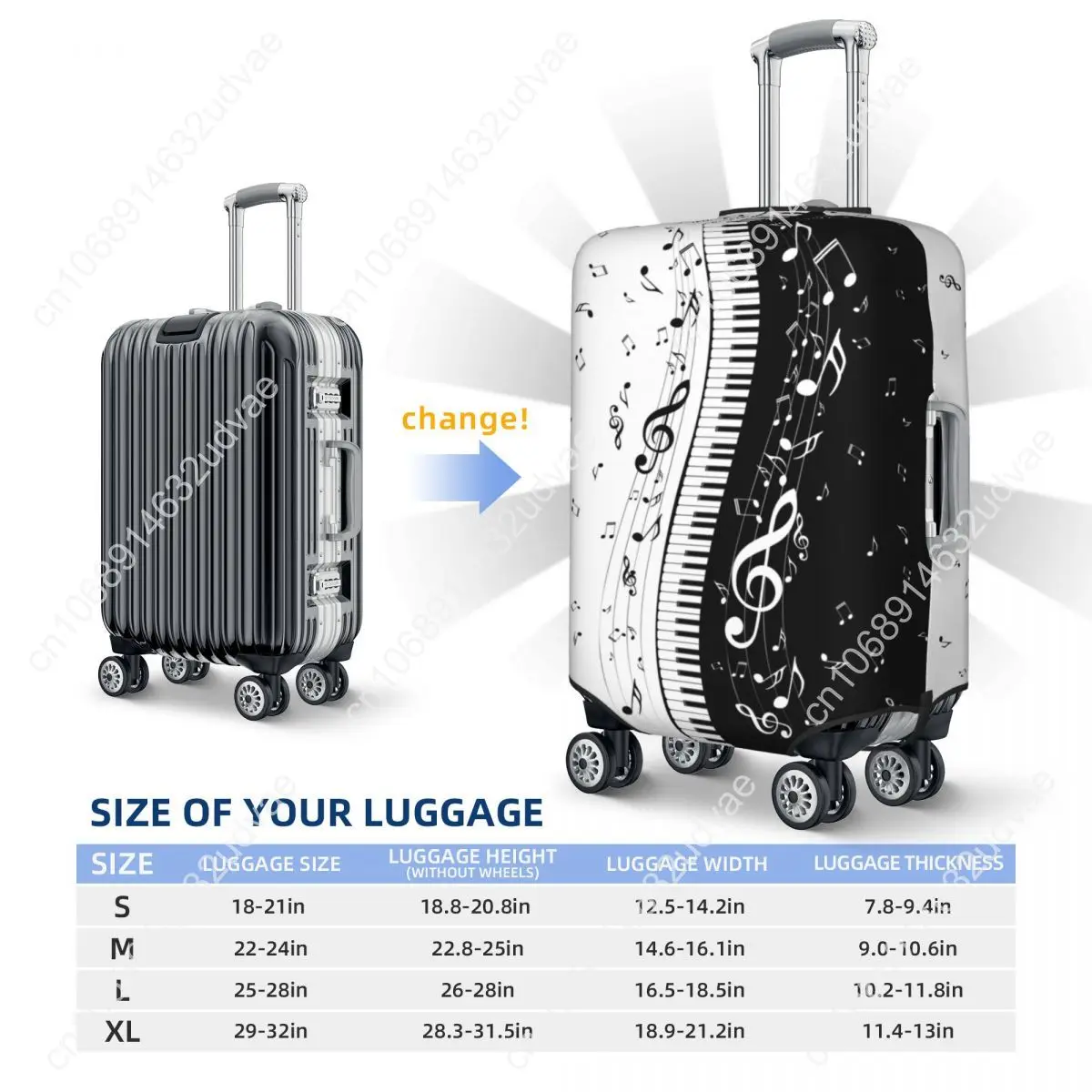 Capa de bagagem personalizada com teclas de piano, notas musicais, capa protetora de mala engraçada, terno para 18-32 polegadas