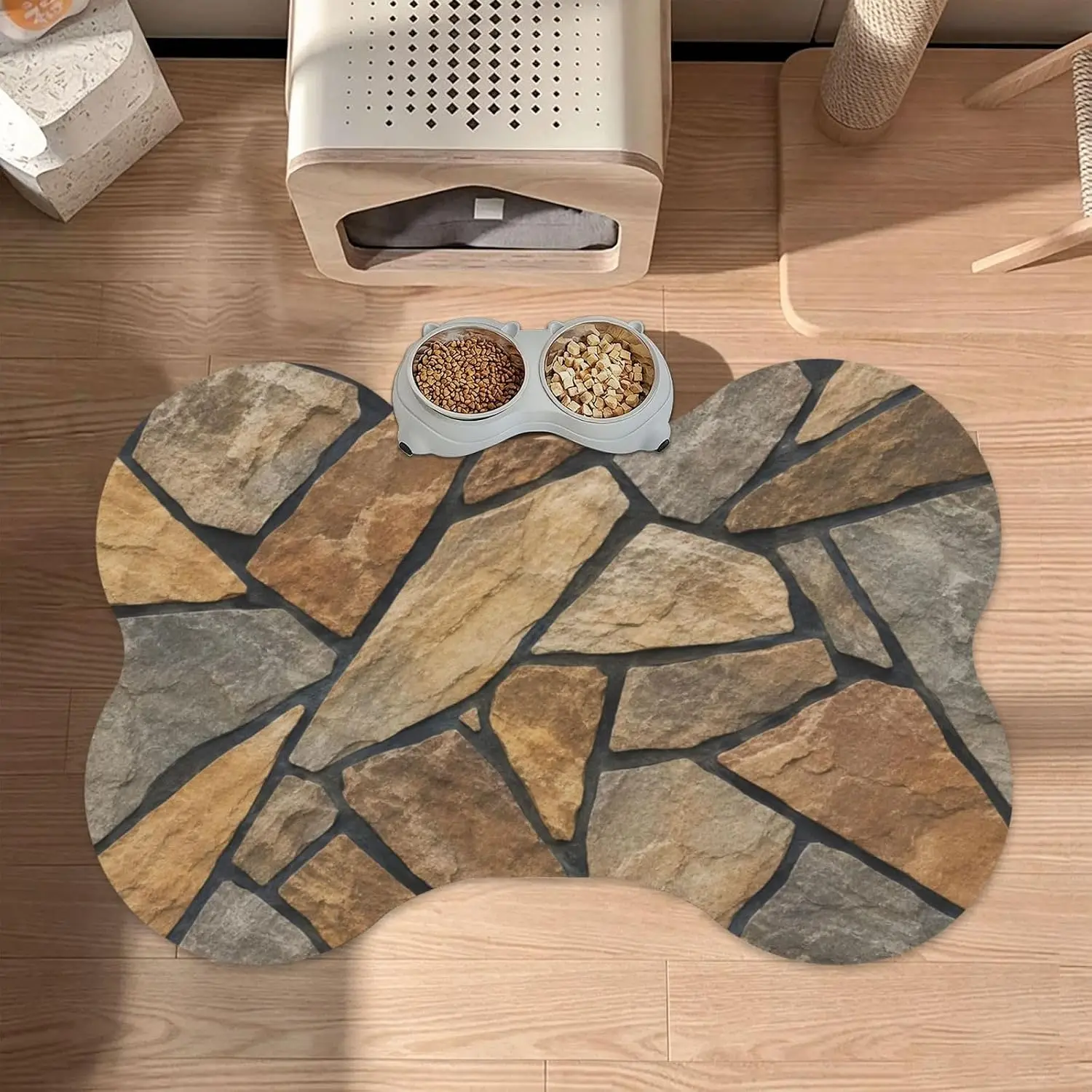 Stone Wall Texture Bone Shaped Pet Feeding Mat 16