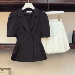 Women Blazer 2 Piece Suit Noted Jacket Coat Top And Mini White Skirt Two Piece Set Outfit Female Fashion Casual y2k Clothing