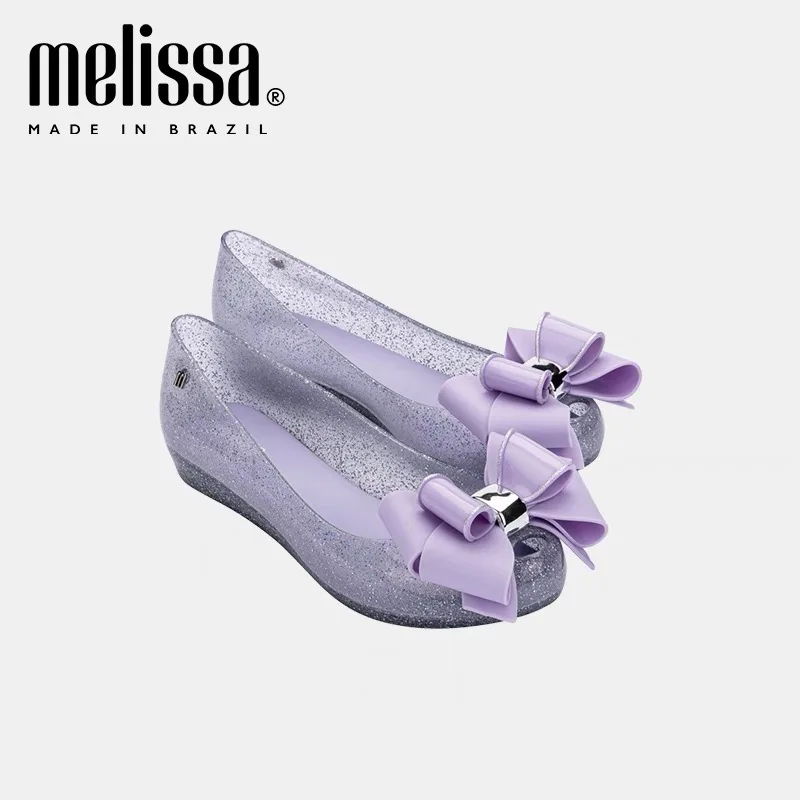 2025 Mini Melissas Fashion Ladies Jelly Shoes Women's Flat Single Shoes Sweet Girls Pointed Square Button Bow Single Shoes